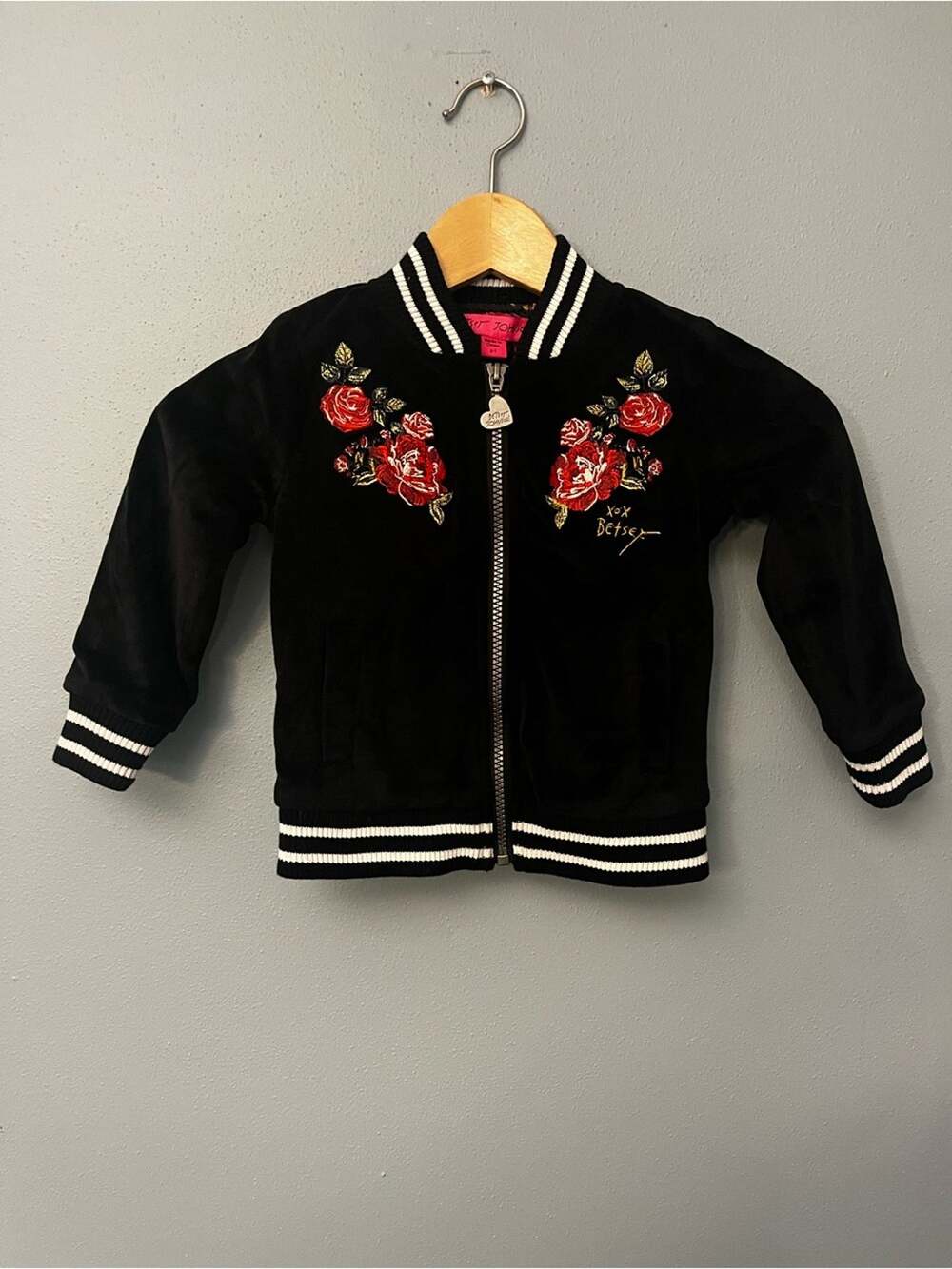 Betsey Johnson Velvet Bomber Jacket with Red Rose Embroidery